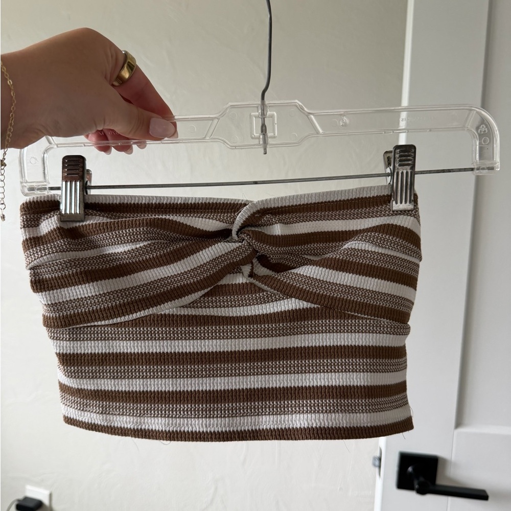 SHEIN Brown and White Striped Twist Front Ribbed Crop Top